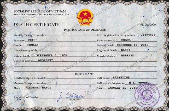 Vietnam death certificate PSD template